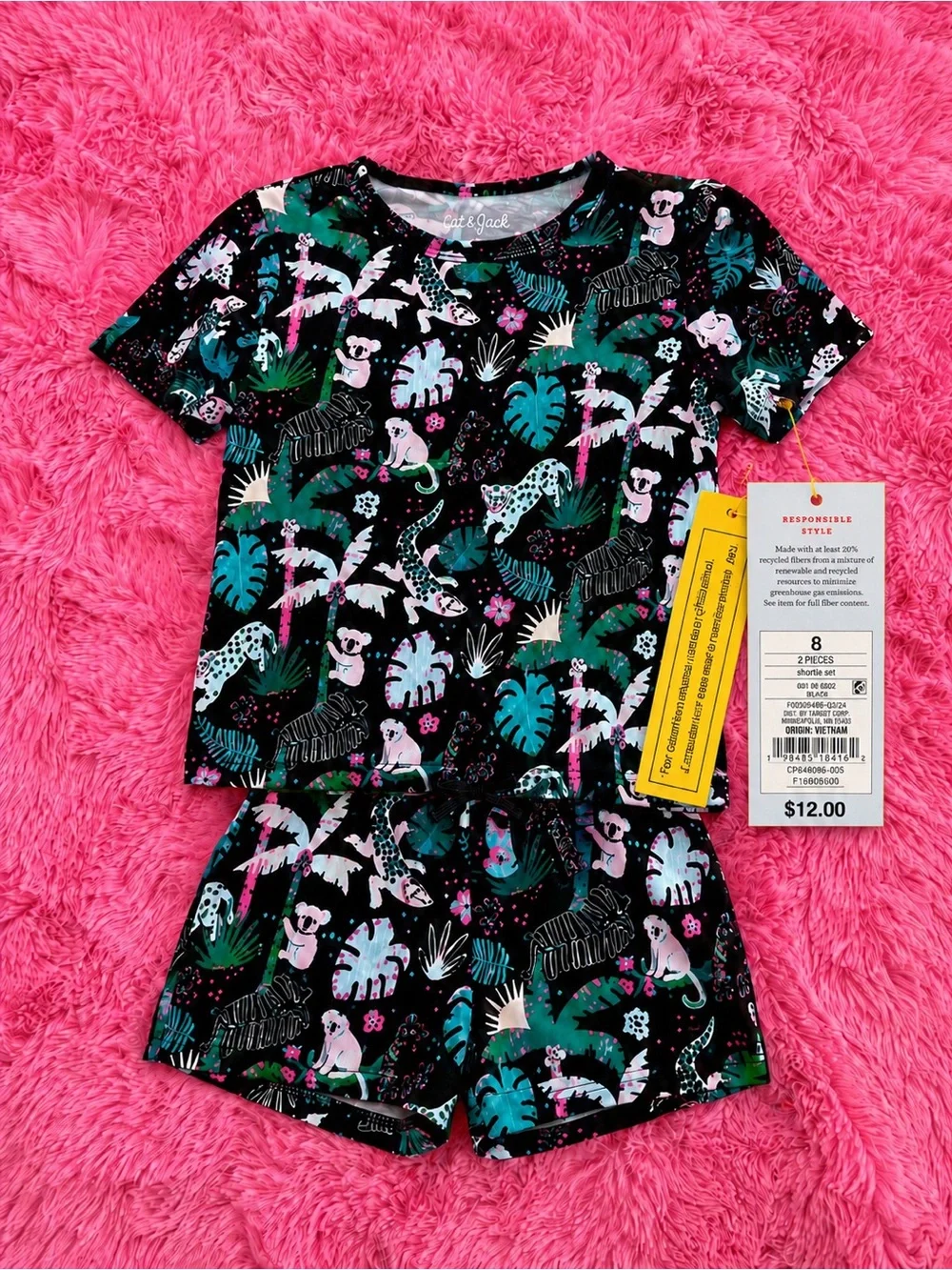 Tropical Animal Print Short Pajama Set - Black with Pink & Green girls size 12